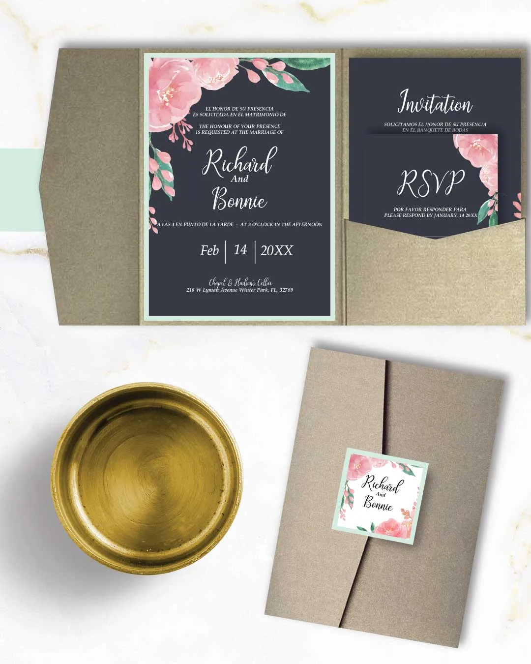Watercolor Flowers A7.5 Himalaya Pocket Spanish & English Wedding Invitation AP Printing - Watercolor Flowers A7.5 Himalaya Pocket Spanish & English Wedding Invitation - Custom Printing Services