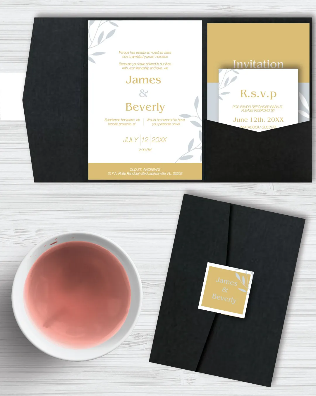 AP Printing - Gray Leaves A7.5 Himalaya Pocket Spanish & English Wedding Invitation - Custom Printing Services