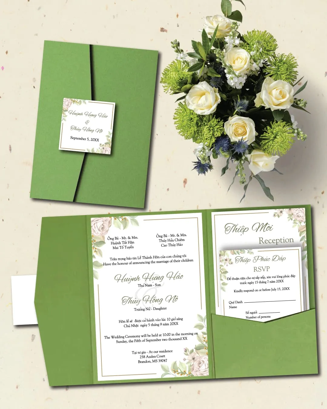 AP Printing - Beige Roses Leaves A7 Himalaya Pocket Vietnamese & English Wedding Invitation - Custom Printing Services