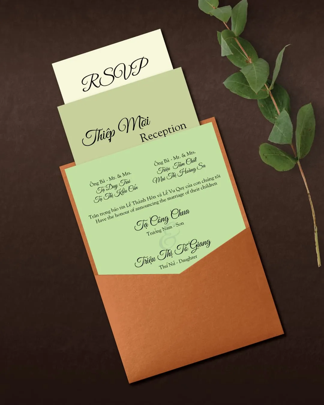 AP Printing - Green Gradient A7 Denali Pocket Vietnamese & English Wedding Invitation - Custom Printing Services