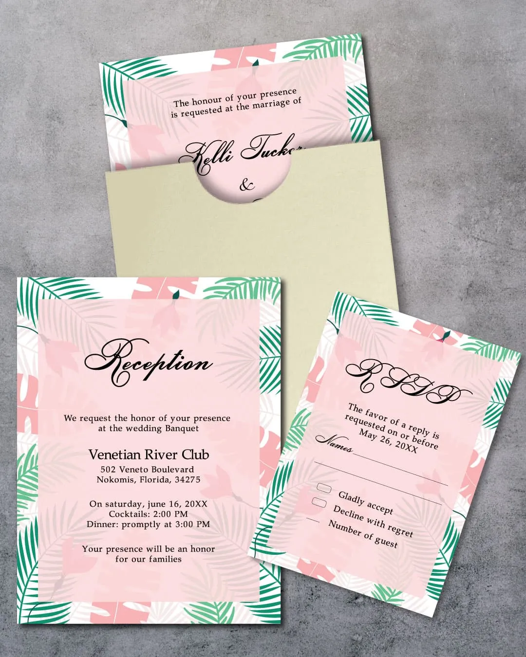 AP Printing - Tropical Palm Trees A7 Sleeve Pocket Wedding Invitation - Custom Printing Services