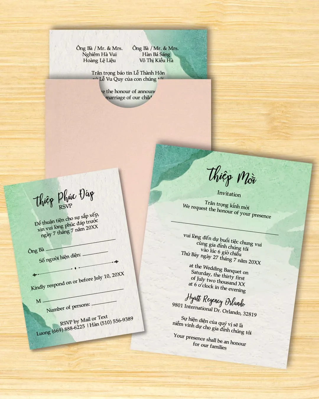 Green Simple Watercolor A7 Sleeve Pocket Vietnamese & English Wedding Invitation AP Printing - Green Simple Watercolor A7 Sleeve Pocket Vietnamese & English Wedding Invitation - Custom Printing Services