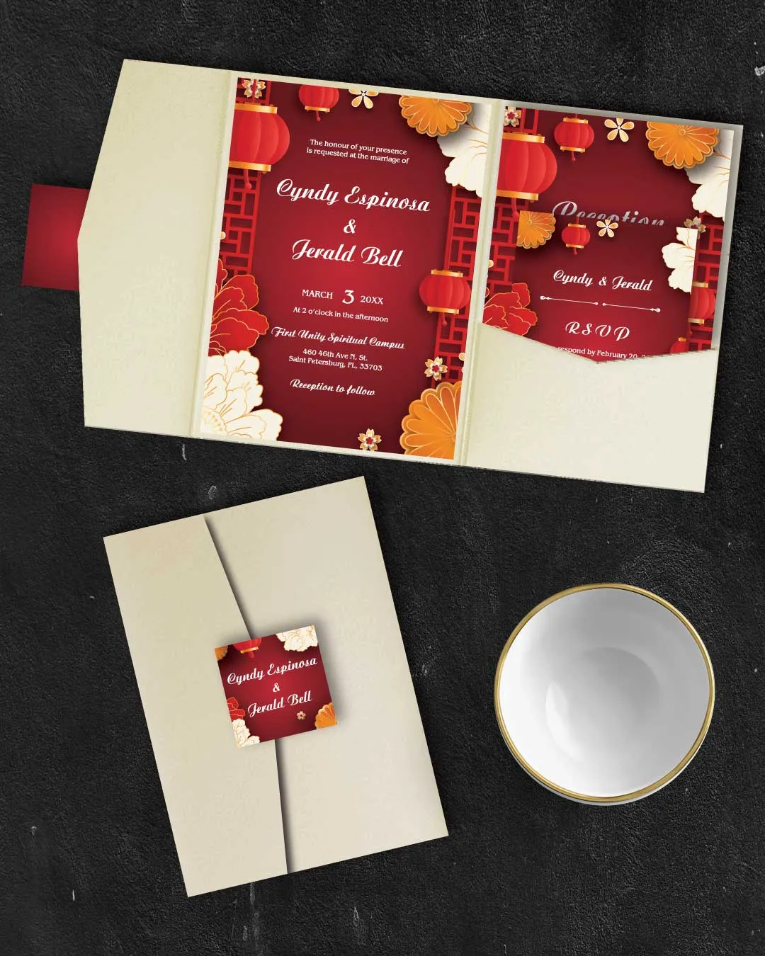 AP Printing - Red and White Oriental A7.5 Himalaya Pocket Wedding Invitation - Custom Printing Services