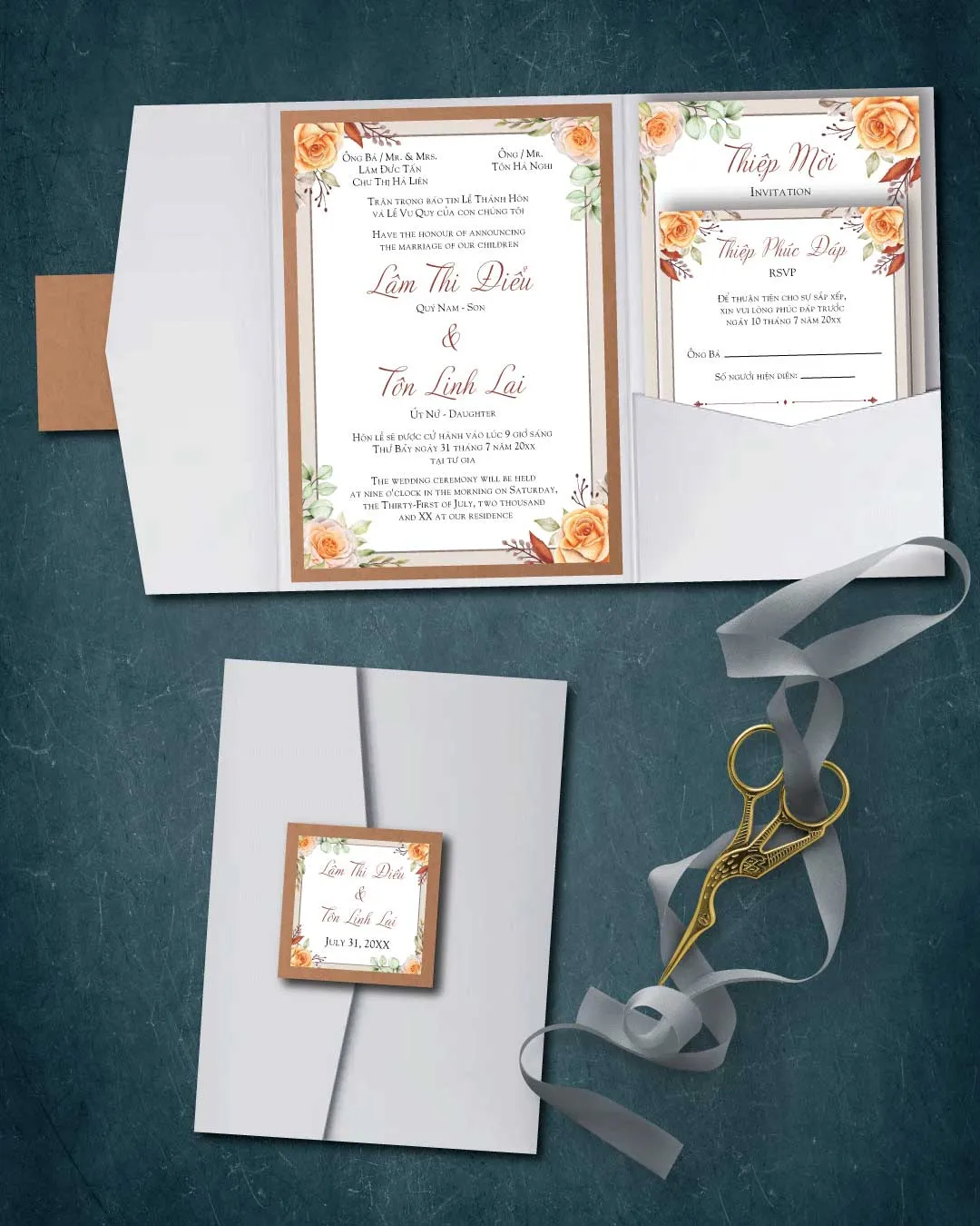 Orange Roses In The Corners A7 Himalaya Pocket Vietnamese & English Wedding Invitation AP Printing - Orange Roses In The Corners A7 Himalaya Pocket Vietnamese & English Wedding Invitation - Custom Printing Servic