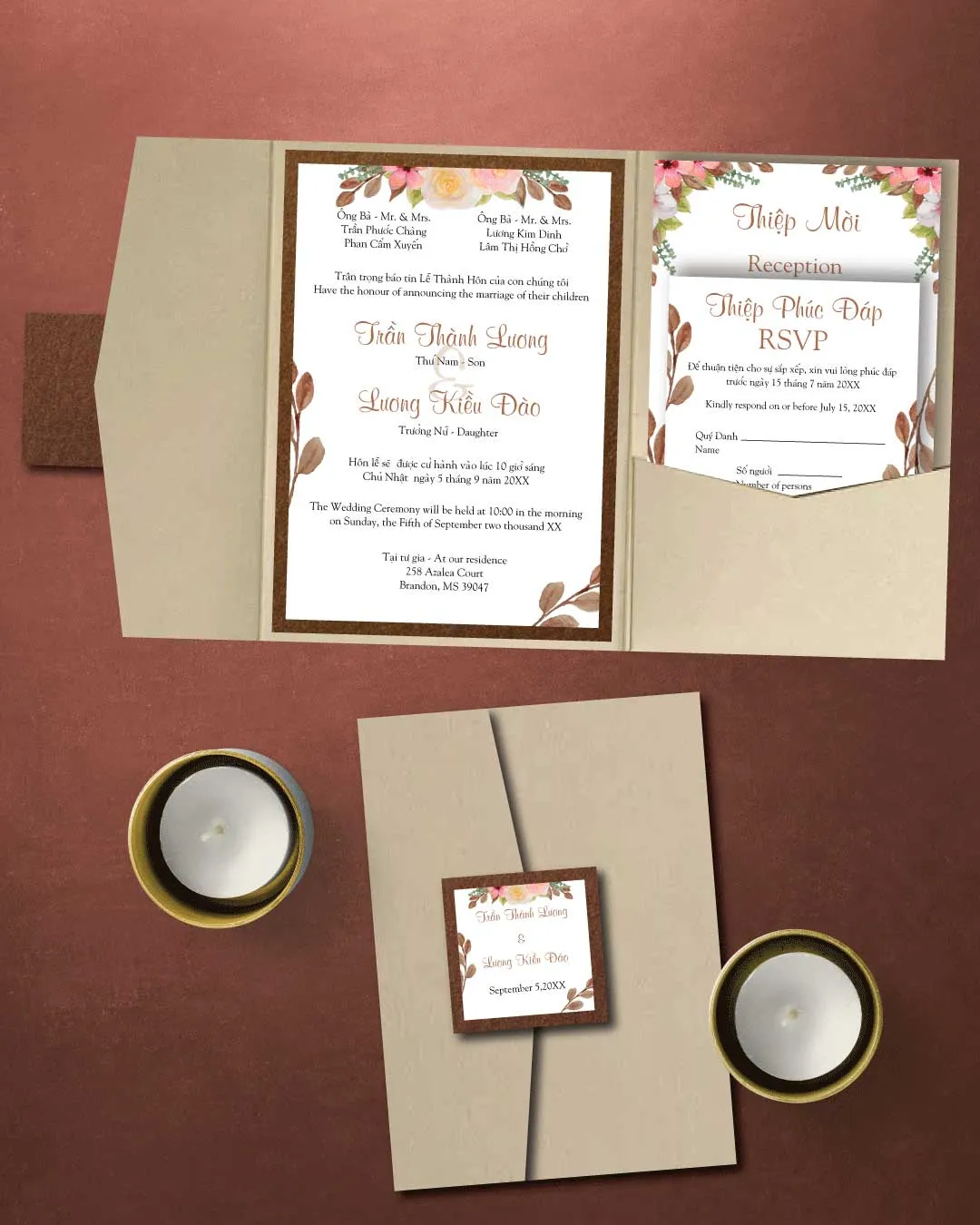 AP Printing - Flowers And Leaves Brown A7 Himalaya Pocket Vietnamese & English Wedding Invitation - Custom Printing Services