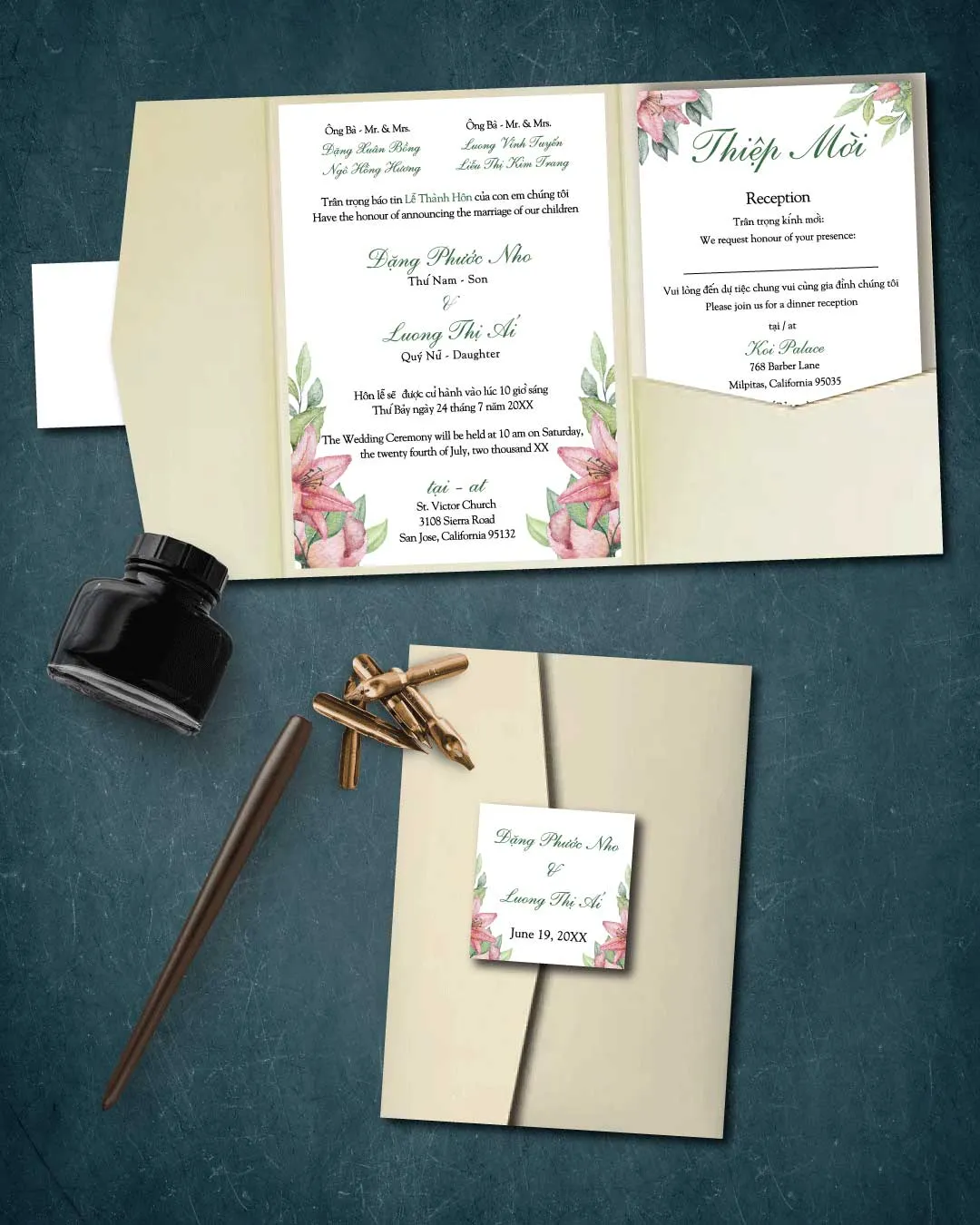 AP Printing - Beautiful Flowers Painting A7 Himalaya Pocket Template Vietnamese & English Wedding Invitation - Custom Printin
