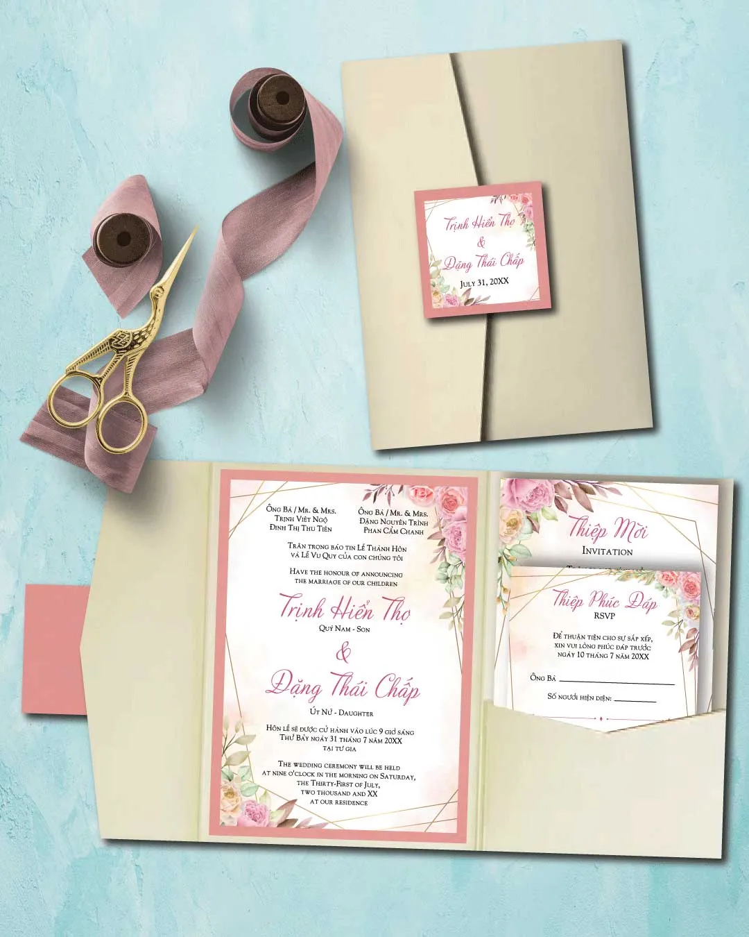 AP Printing - Pink Flower Burst A7 Himalaya Pocket Vietnamese & English Wedding Invitation - Custom Printing Services