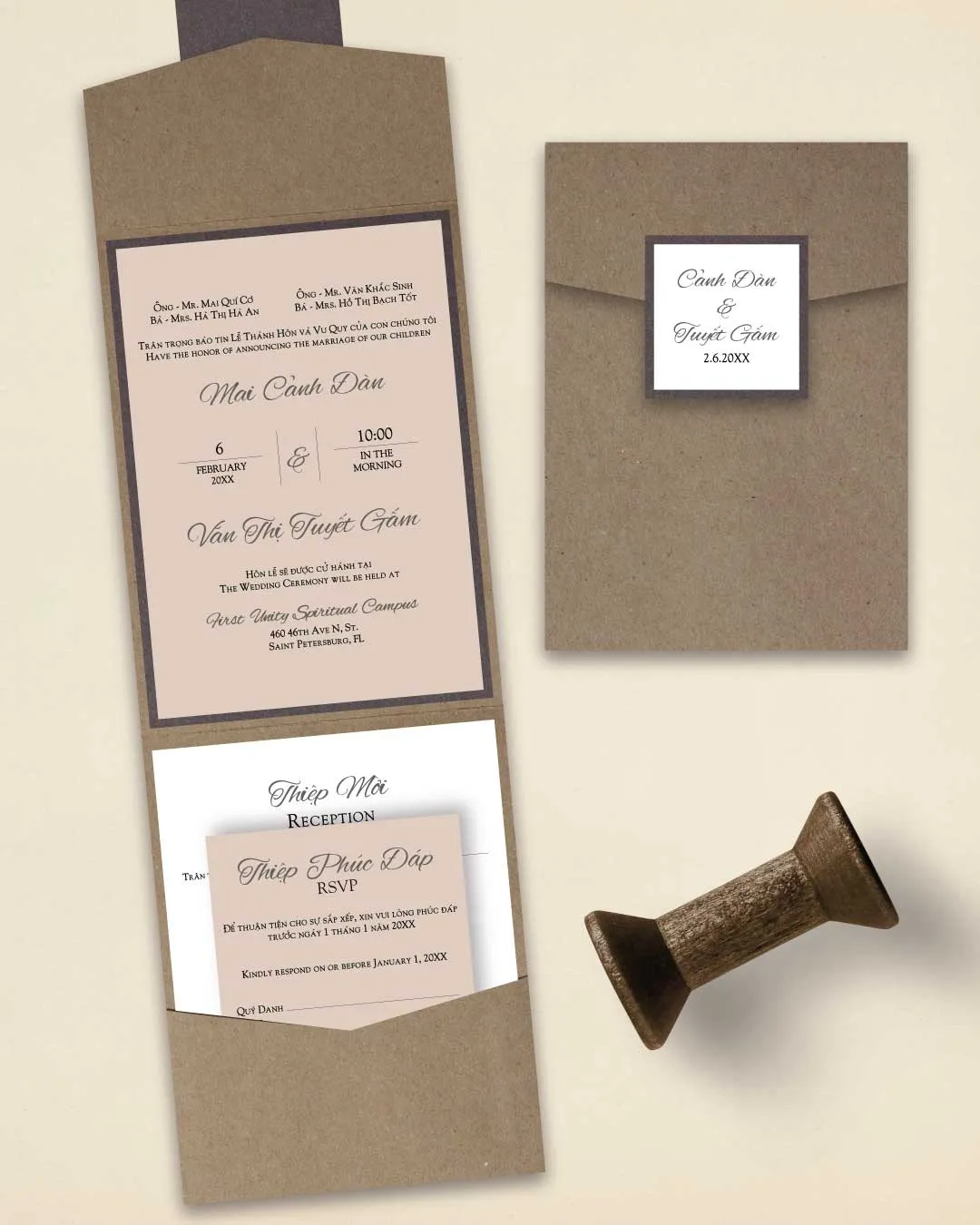 A7 Cascade Pockets Wedding Invitation