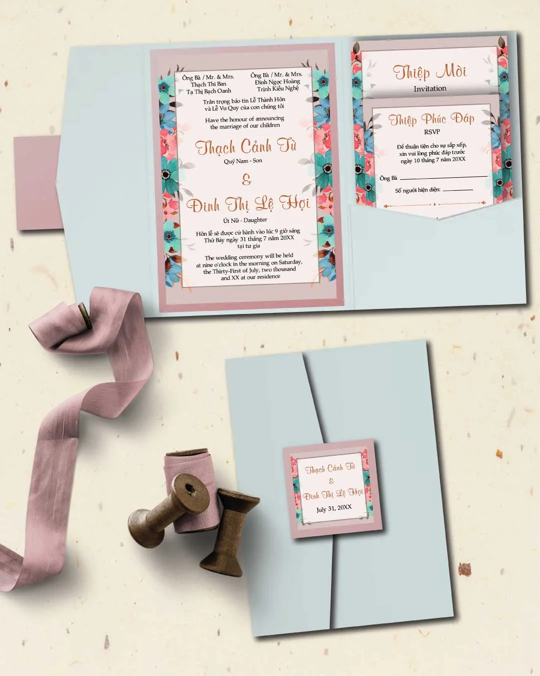 Colorful Garden Party A7 Himalaya Pocket Vietnamese & English Wedding Invitation AP Printing - Colorful Garden Party A7 Himalaya Pocket Vietnamese & English Wedding Invitation - Custom Printing Services