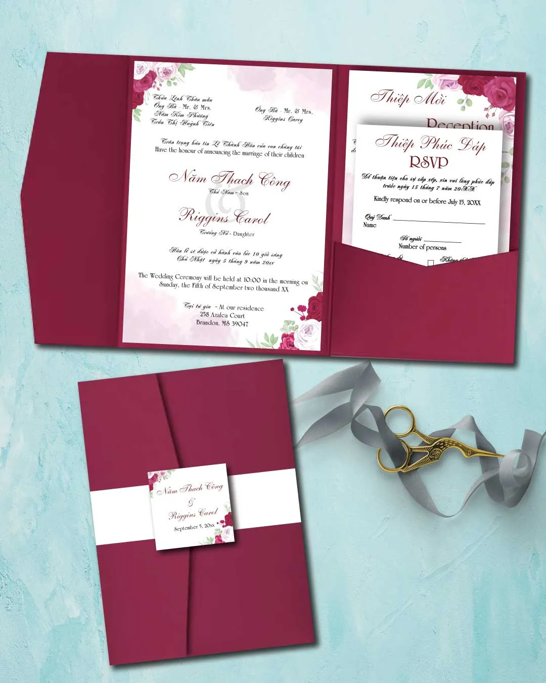 AP Printing - Watercolor Garnet Flowers A7 Himalaya Pocket Vietnamese & English Wedding Invitation - Custom Printing Services