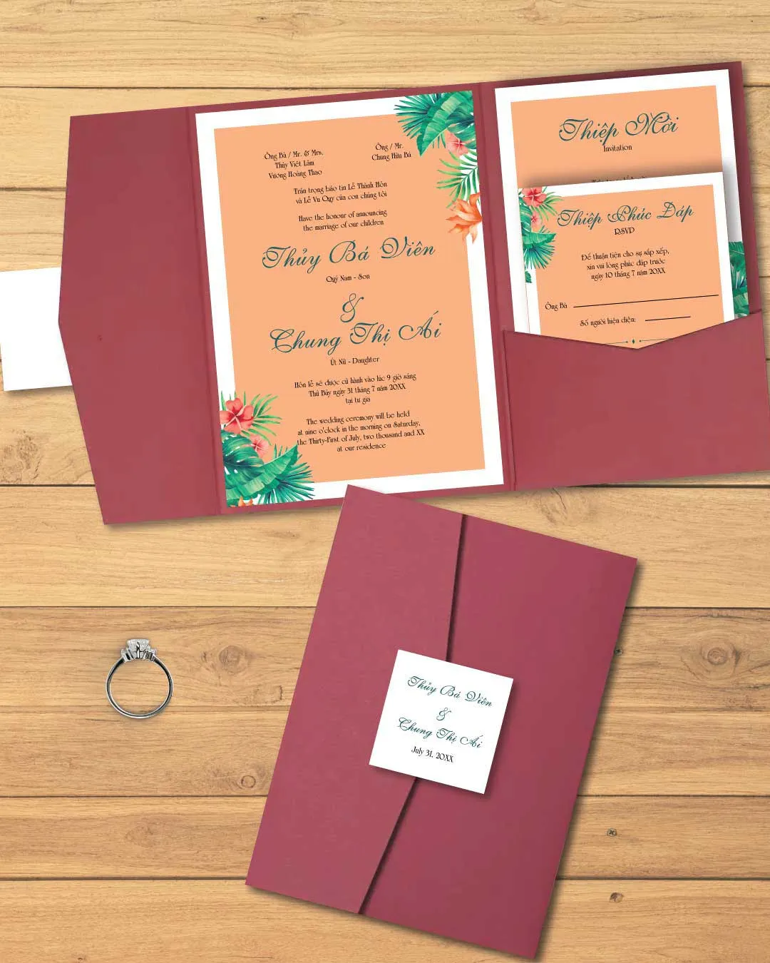 AP Printing - Orange Summer Palms A7 Himalaya Pocket Vietnamese & English Wedding Invitation - Custom Printing Services