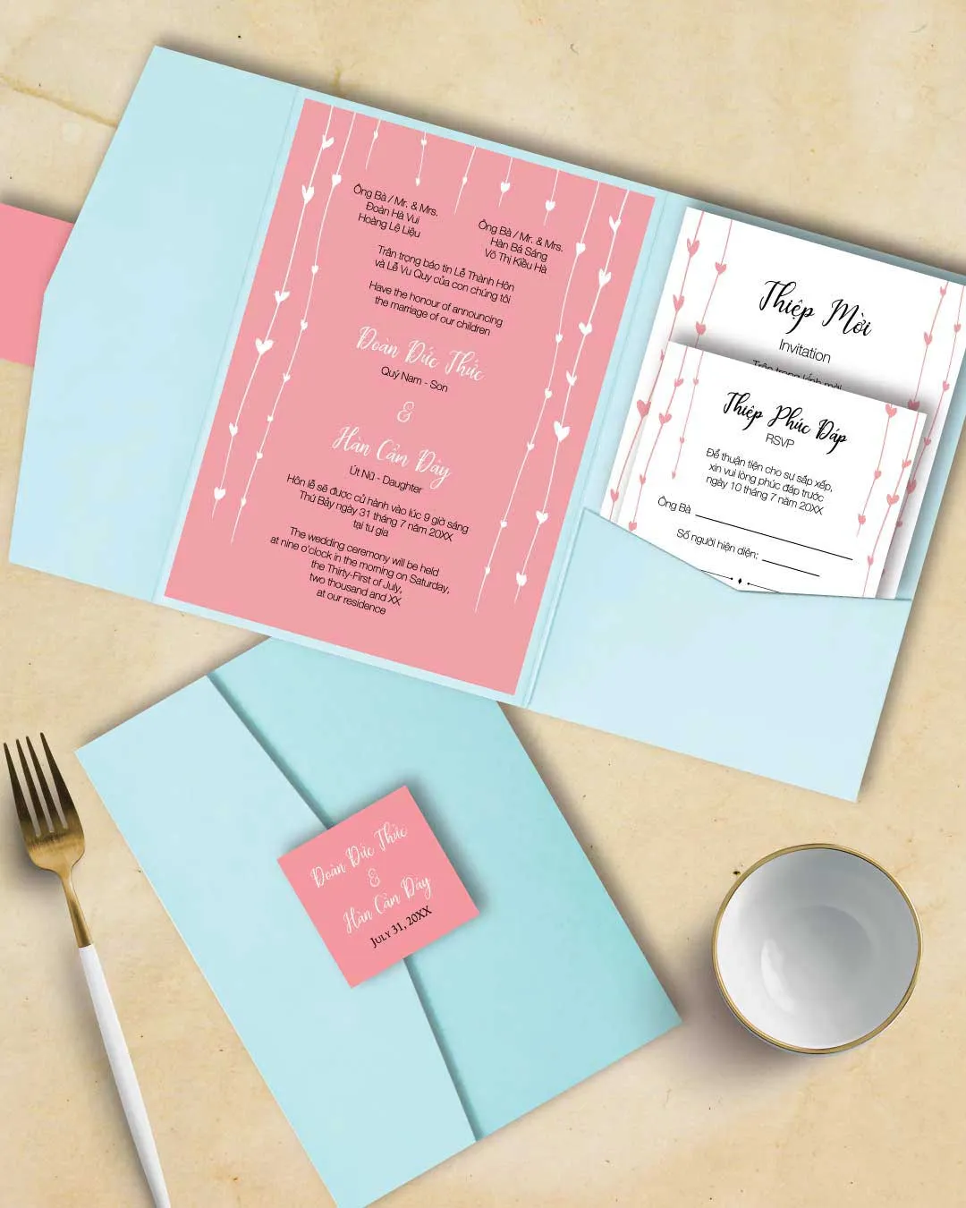 AP Printing - White Hearts Strips A7 Himalaya Pocket Vietnamese & English Wedding Invitation - Custom Printing Services