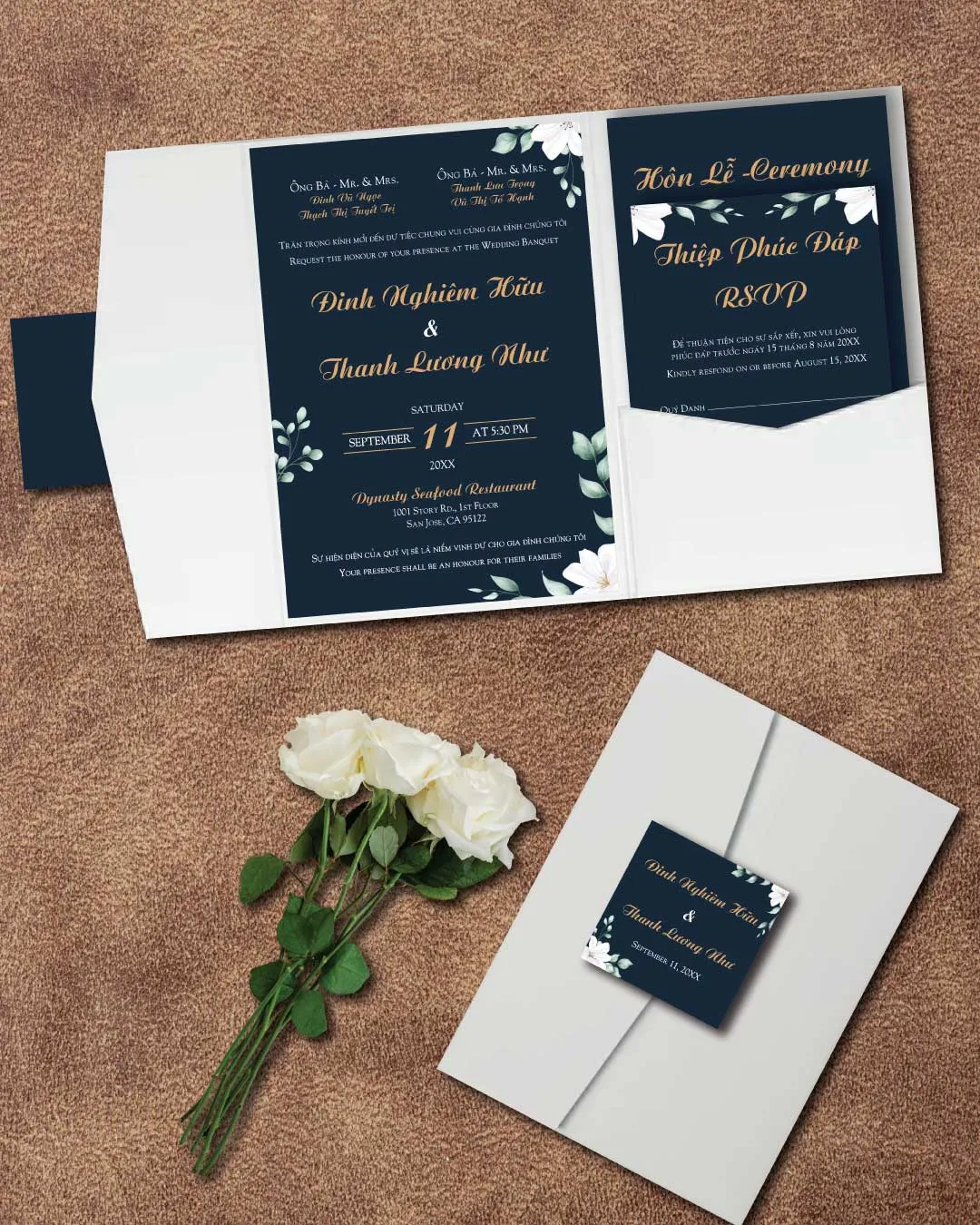 AP Printing - Gold Letters Lilium A7 Himalaya Pocket Vietnamese & English Wedding Invitation - Custom Printing Services
