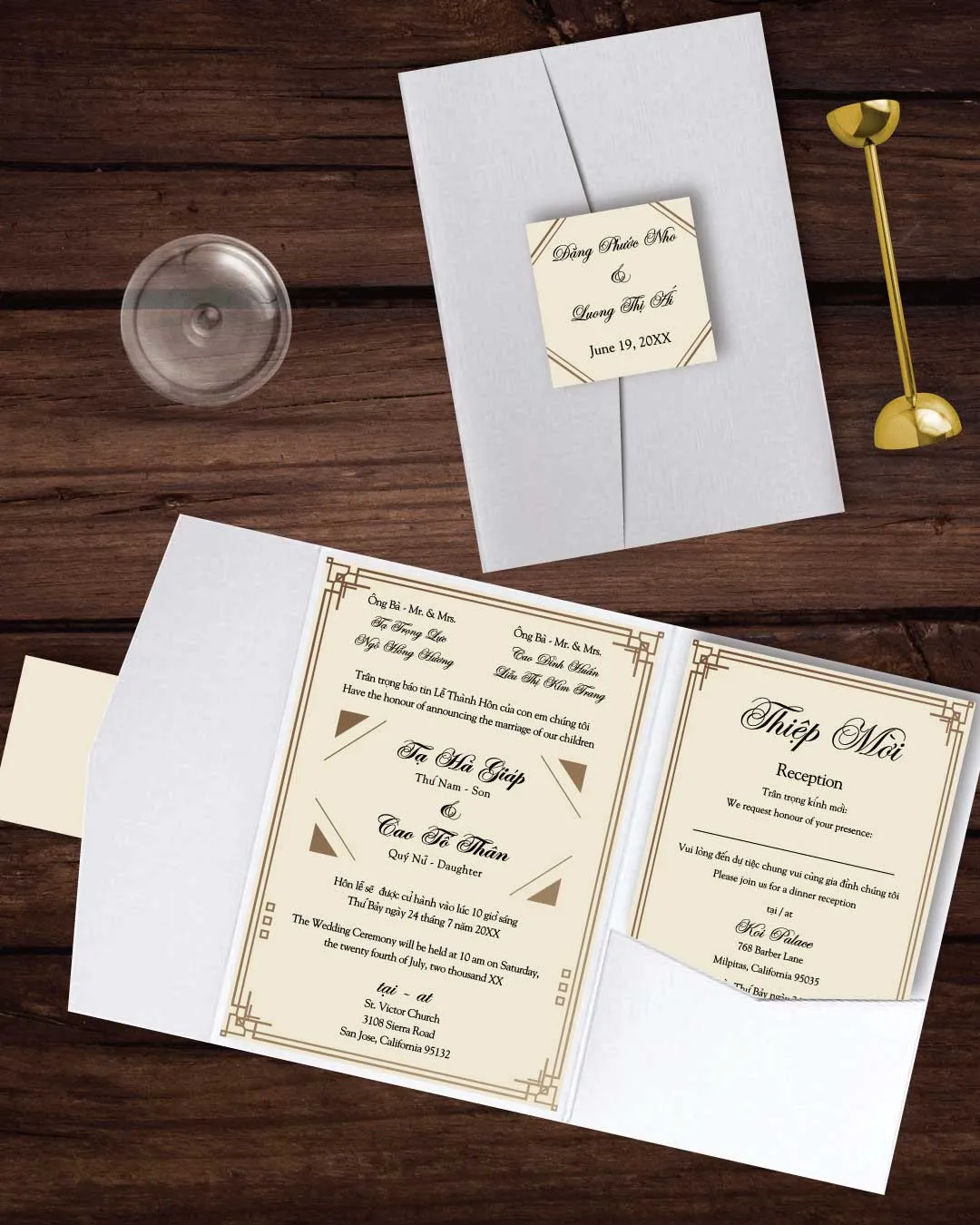 AP Printing - Elegant Geometric Design A7 Himalaya Pocket Vietnamese & English Wedding Invitation - Custom Printing Services