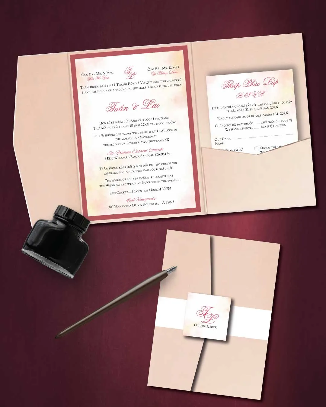 Watercolor Peach Pink A7 Himalaya Pocket Vietnamese & English Wedding Invitation AP Printing - Watercolor Peach Pink A7 Himalaya Pocket Vietnamese & English Wedding Invitation - Custom Printing Services
