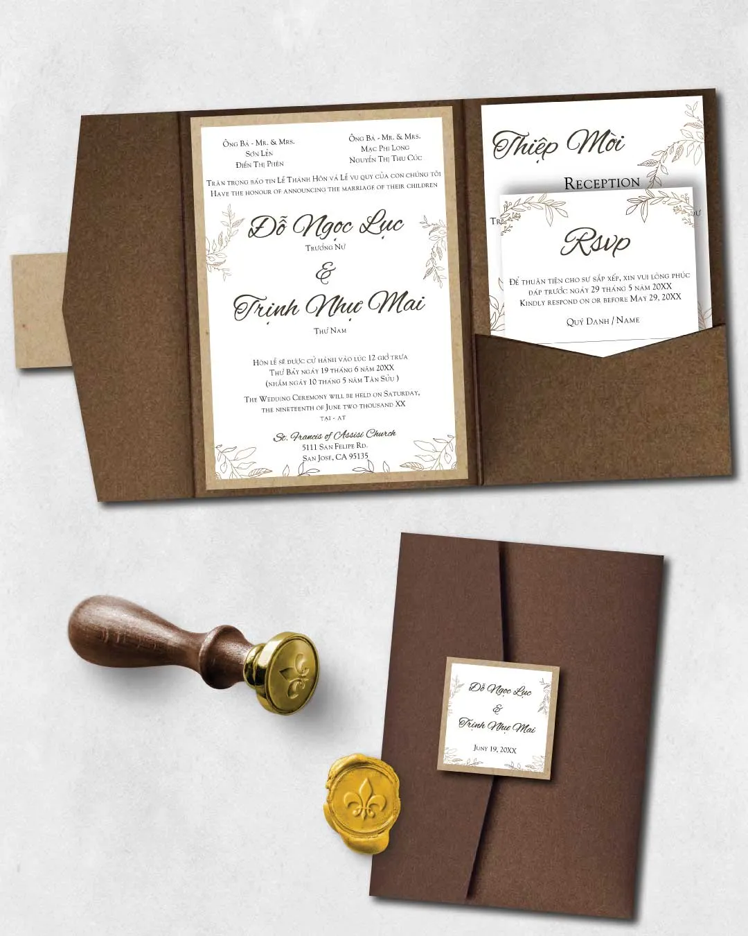 AP Printing - Simple Leaves Outline A7 Himalaya Pocket Vietnamese & English Wedding Invitation - Custom Printing Services