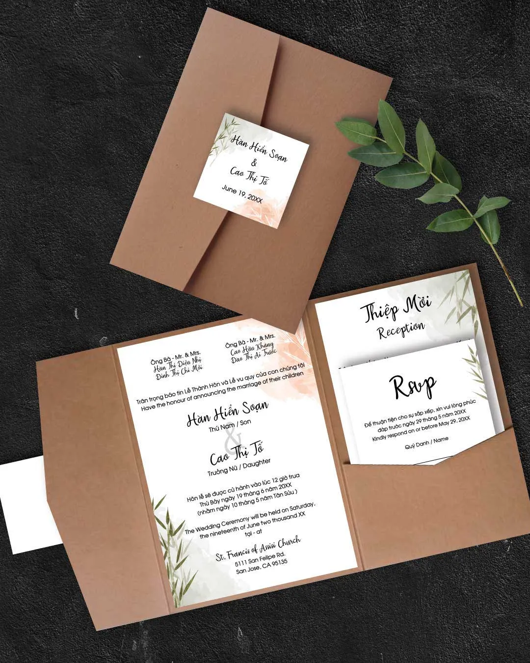 AP Printing - Japanese Bamboo Leaves A7 Himalaya Pocket Vietnamese & English Wedding Invitation - Custom Printing Services