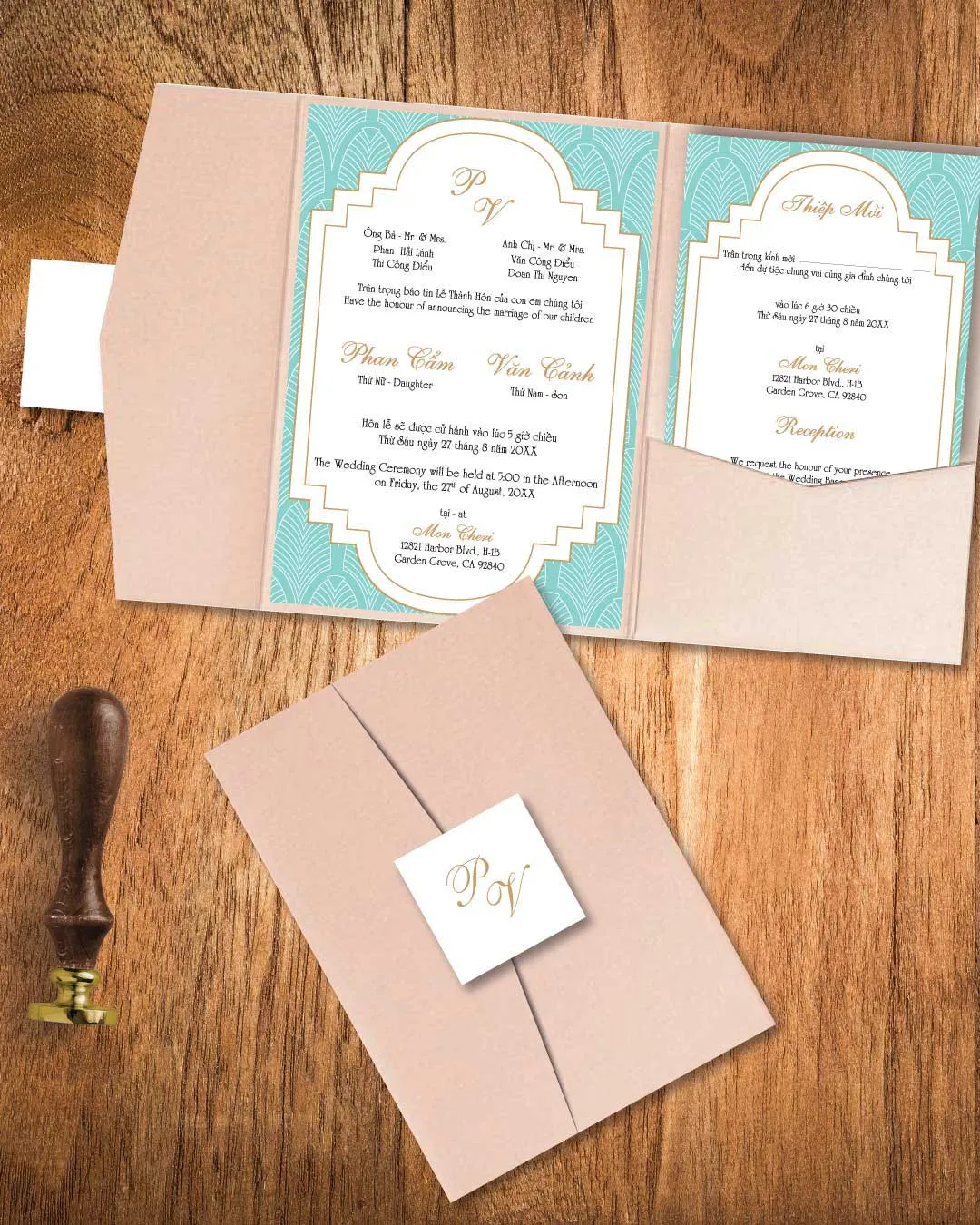AP Printing - Vintage Elegant Frame A7 Himalaya Pocket Vietnamese & English Wedding Invitation - Custom Printing Services