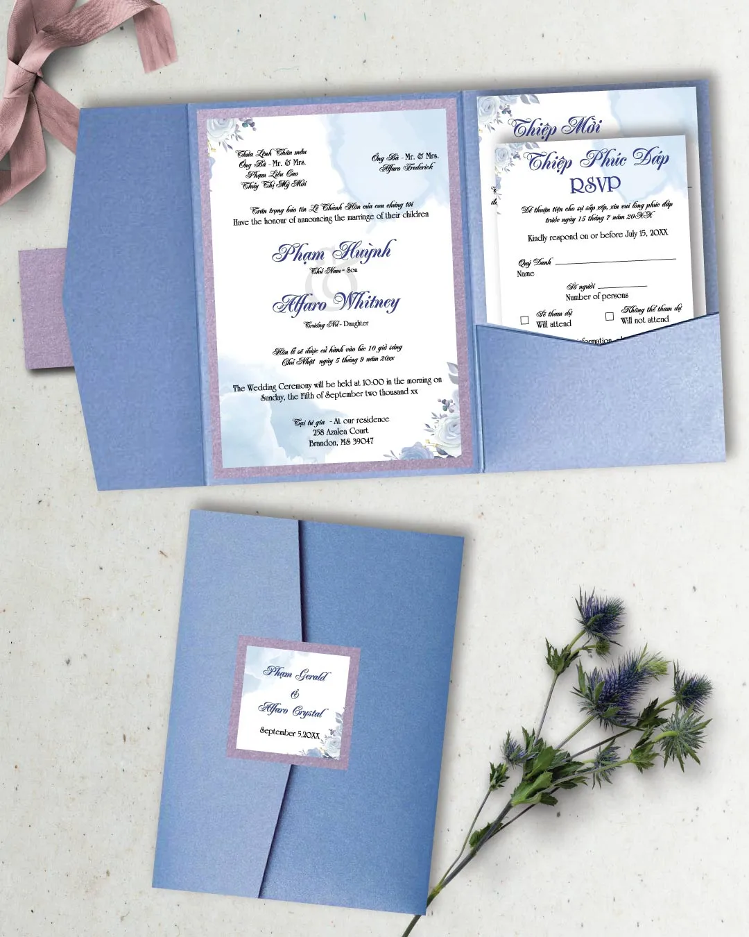 AP Printing - Sublime Blue Roses A7 Himalaya Pocket Vietnamese & English Wedding Invitation - Custom Printing Services