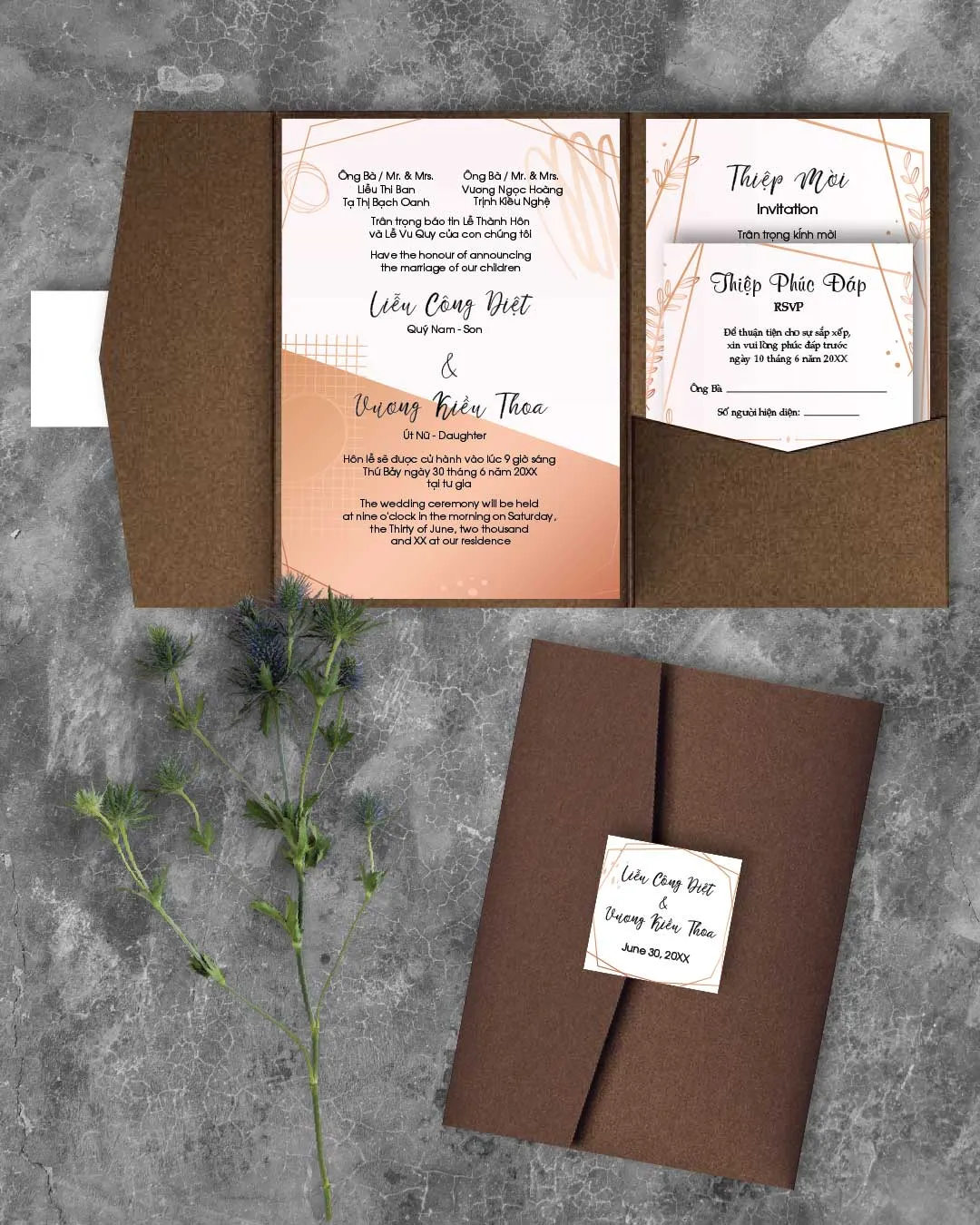 AP Printing - Elegant Minimalist Gold A7 Himalaya Pocket Vietnamese & English Wedding Invitation - Custom Printing Services