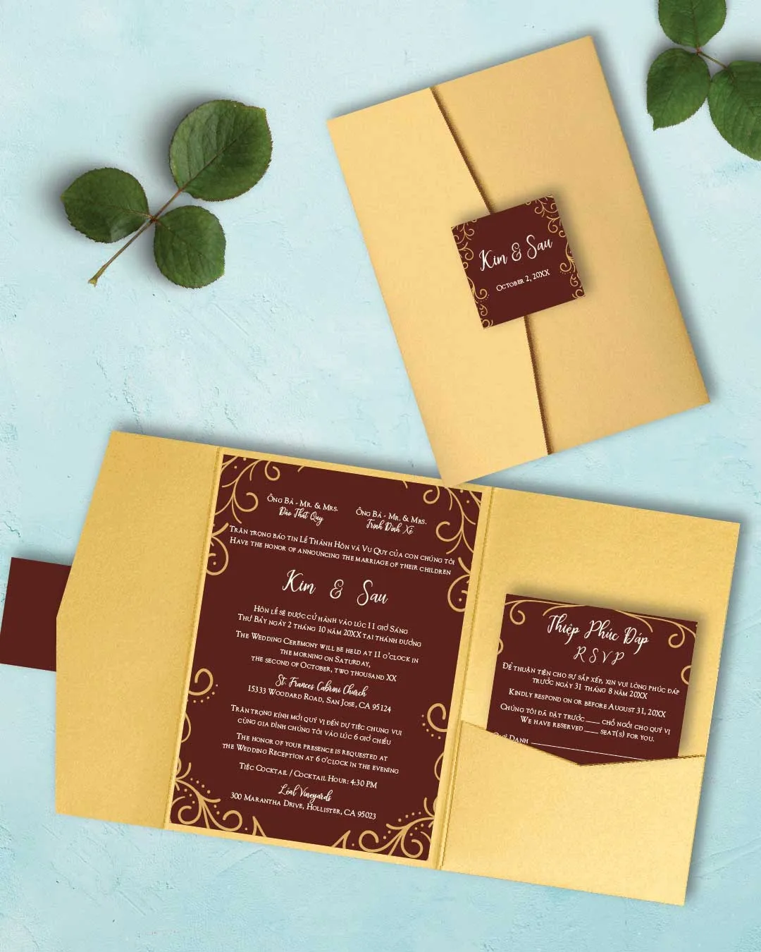 AP Printing - Indian Golden Edges A7 Himalaya Pocket Vietnamese & English Wedding Invitation - Custom Printing Services