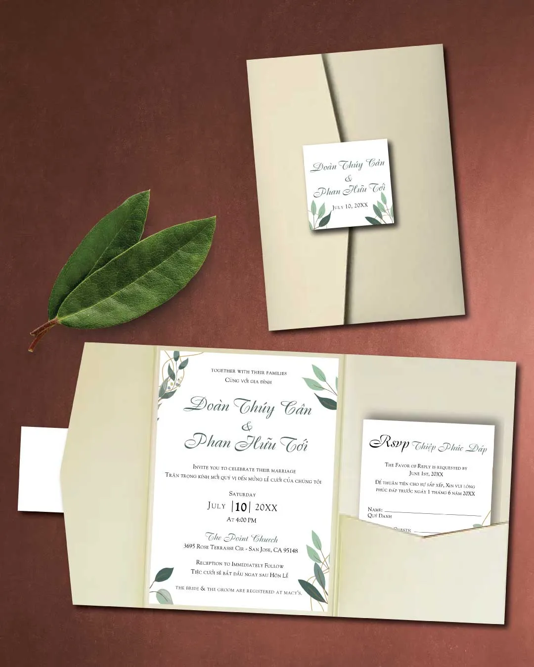 AP Printing - Minimalist Teal Leaves A7 Himalaya Pocket Vietnamese & English Wedding Invitation - Custom Printing Services