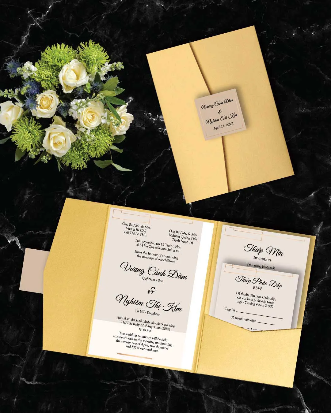Simple Gold Details A7 Himalaya Pocket Vietnamese & English Wedding Invitation AP Printing - Simple Gold Details A7 Himalaya Pocket Vietnamese & English Wedding Invitation - Custom Printing Services