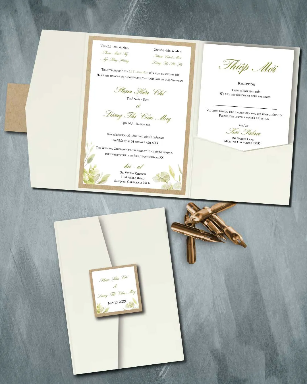 Simple Olive Letters A7 Himalaya Pocket Vietnamese & English Wedding Invitation AP Printing - Simple Olive Letters A7 Himalaya Pocket Vietnamese & English Wedding Invitation - Custom Printing Services