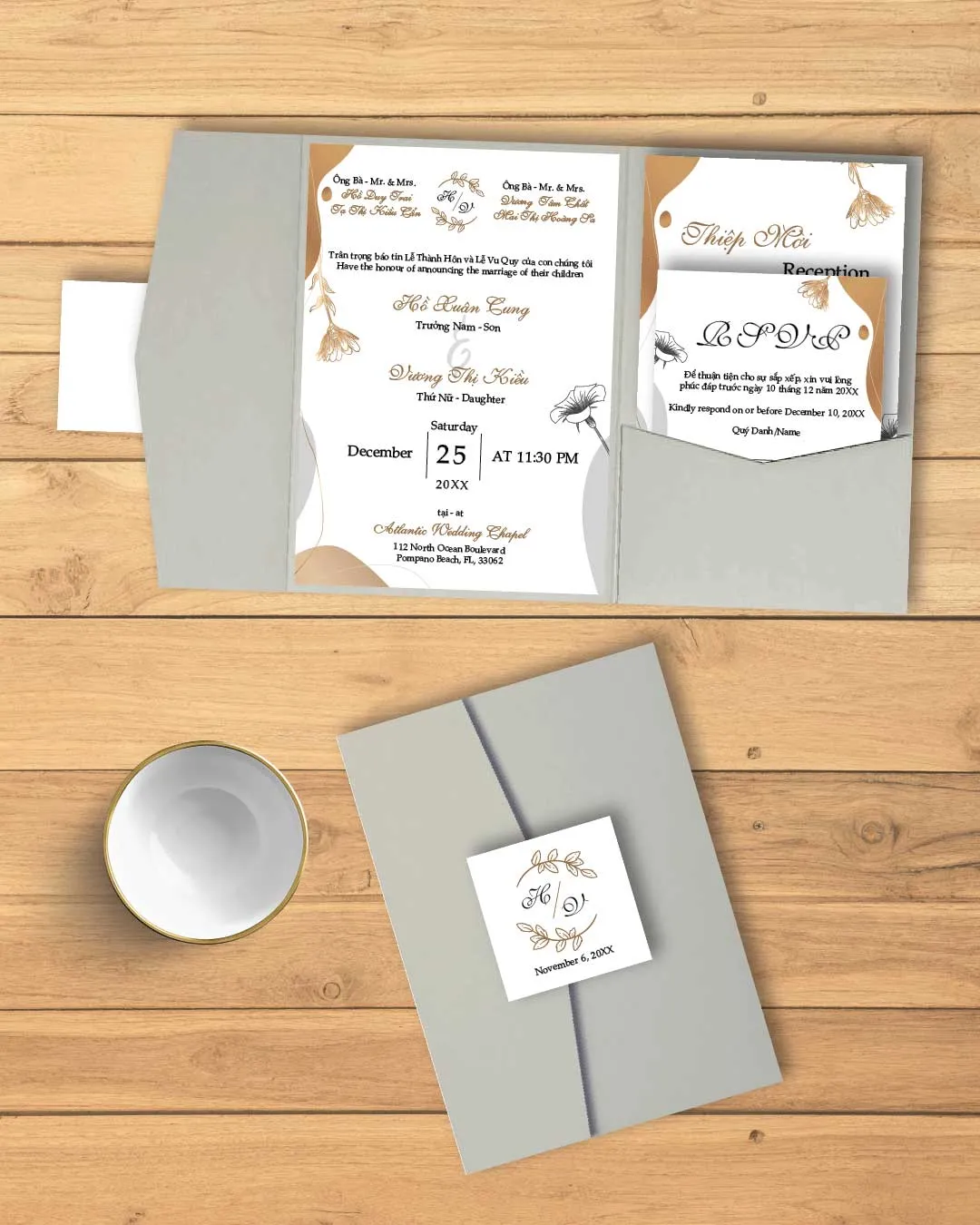 AP Printing - Ochre Minimalist Curves A7 Himalaya Pocket Vietnamese & English Wedding Invitation - Custom Printing Services