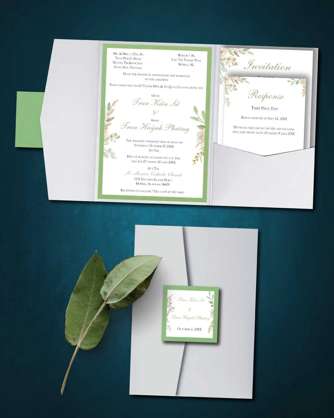 AP Printing - Elegant Floral Green A7 Himalaya Pocket Vietnamese & English Wedding Invitation - Custom Printing Services