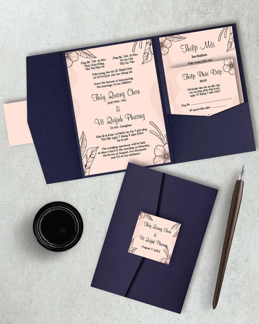 AP Printing - Tropical Uncontoured Leaves A7 Himalaya Pocket Vietnamese & English Wedding Invitation - Custom Printing Servic