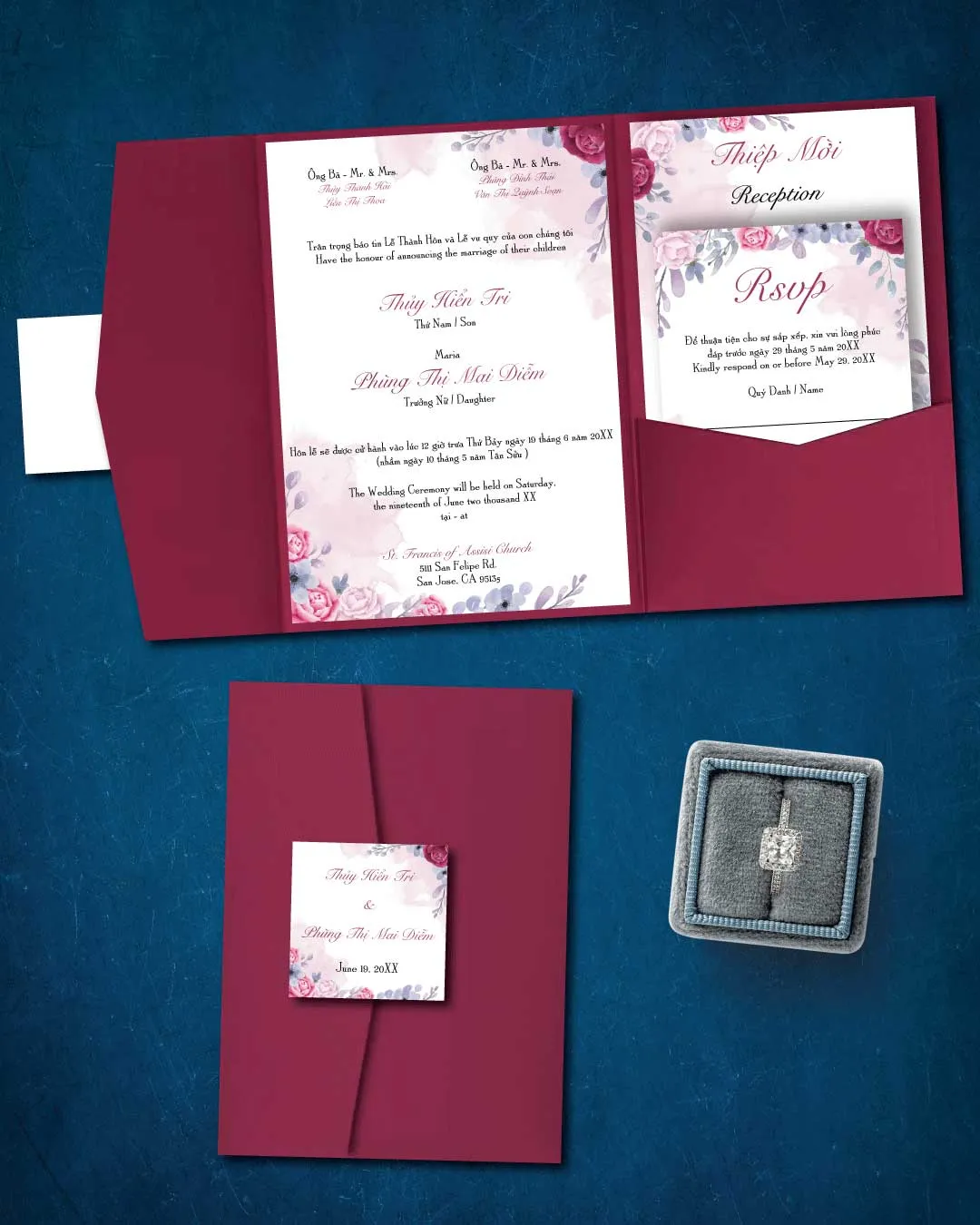 Intense Burgundy Flowers A7 Himalaya Pocket Wedding Invitation AP Printing - Intense Burgundy Flowers A7 Himalaya Pocket Wedding Invitation - Custom Printing Services