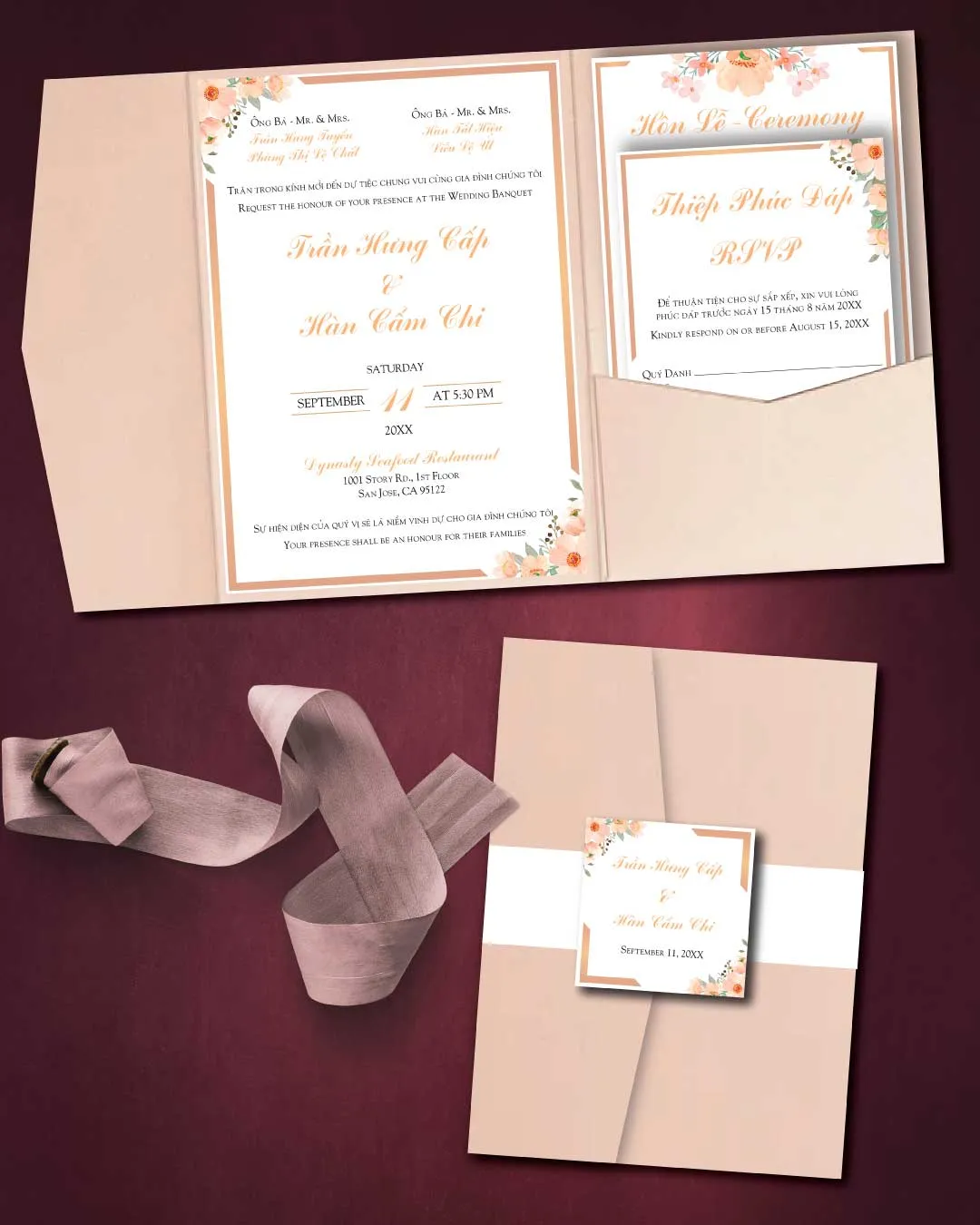 Spring Flowers Tan A7 Himalaya Pocket Vietnamese & English Wedding Invitation AP Printing - Spring Flowers Tan A7 Himalaya Pocket Vietnamese & English Wedding Invitation - Custom Printing Services