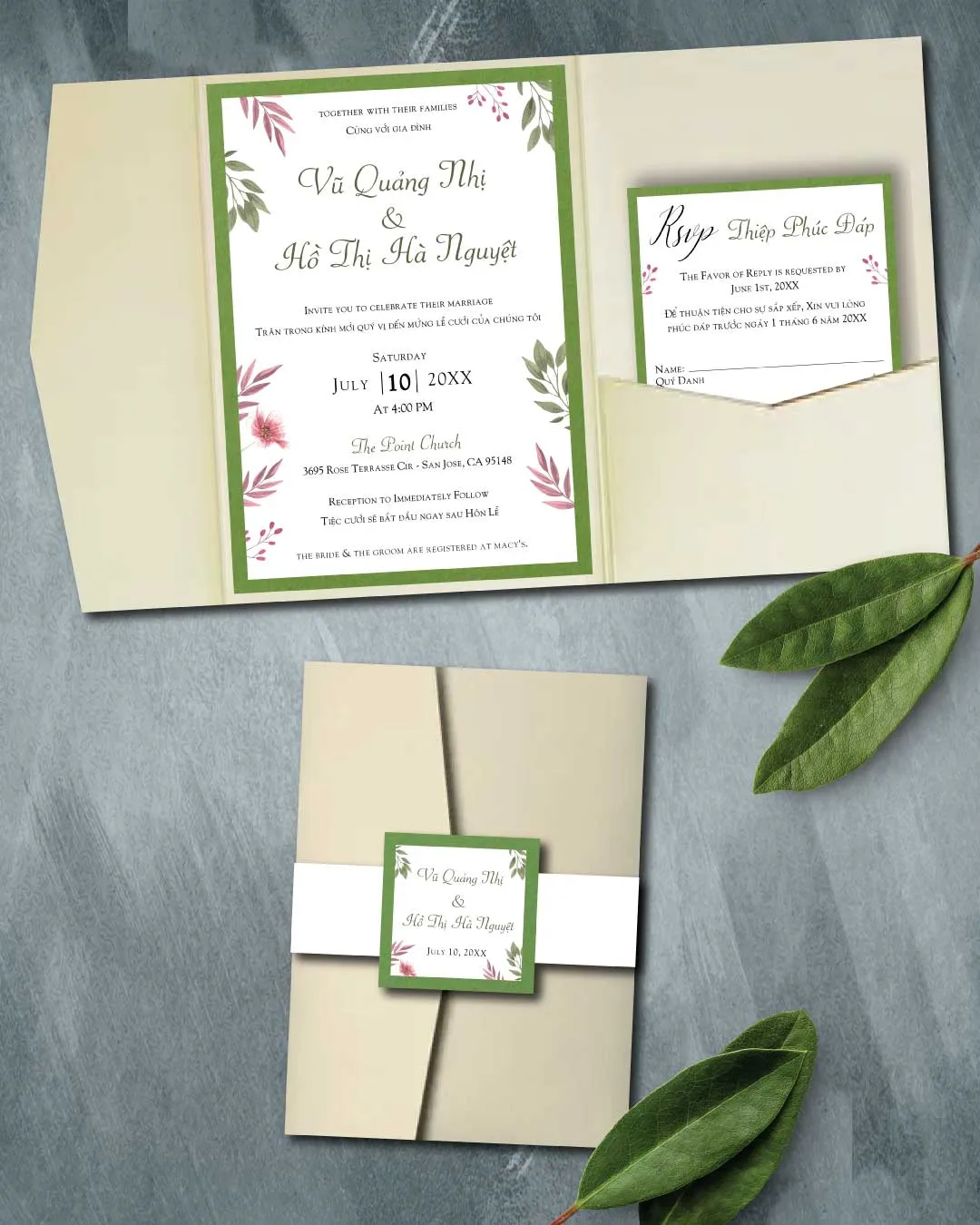 AP Printing - Green And Pink Leaves A7 Himalaya Pocket Vietnamese & English Wedding Invitation - Custom Printing Services