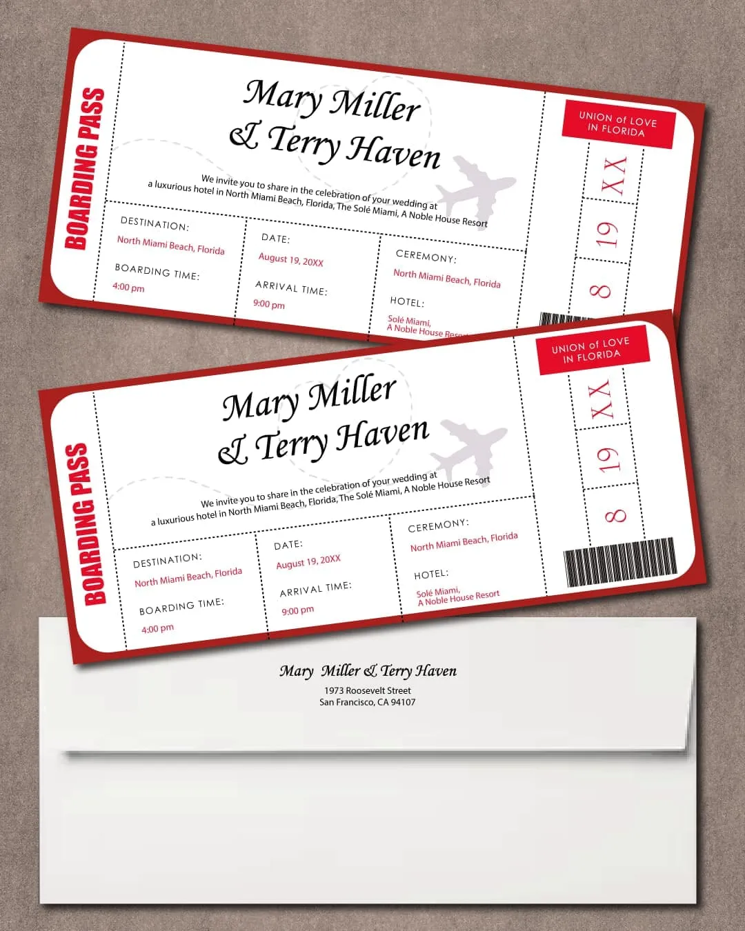 Red Love Plane Boarding Pass Wedding Invitations AP Printing - Red Love Plane Boarding Pass Wedding Invitations - Custom Printing Services