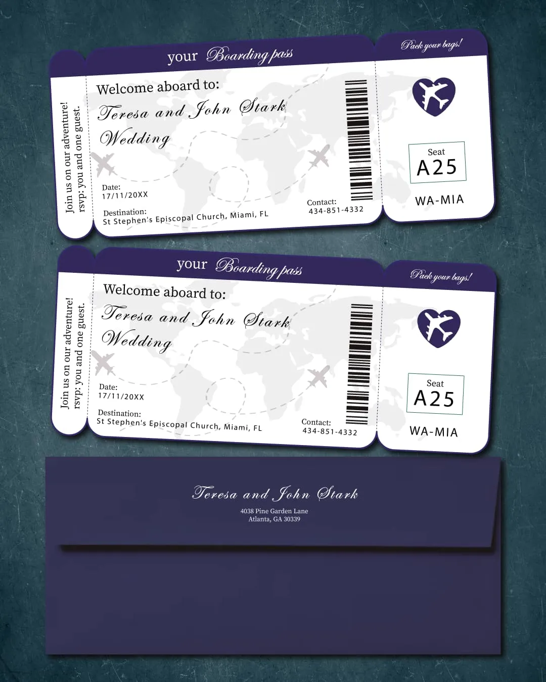 Ticket Blue Map Boarding Pass Wedding Invitations AP Printing - Ticket Blue Map Boarding Pass Wedding Invitations - Custom Printing Services
