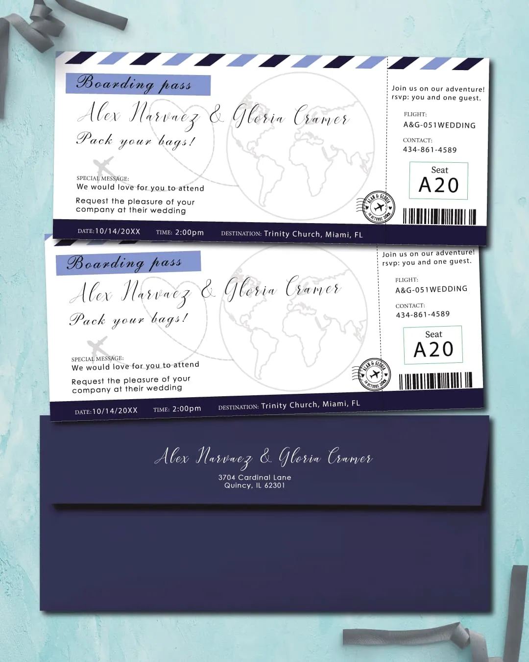 AP Printing - Ticket World Blue Boarding Pass Wedding Invitations - Custom Printing Services