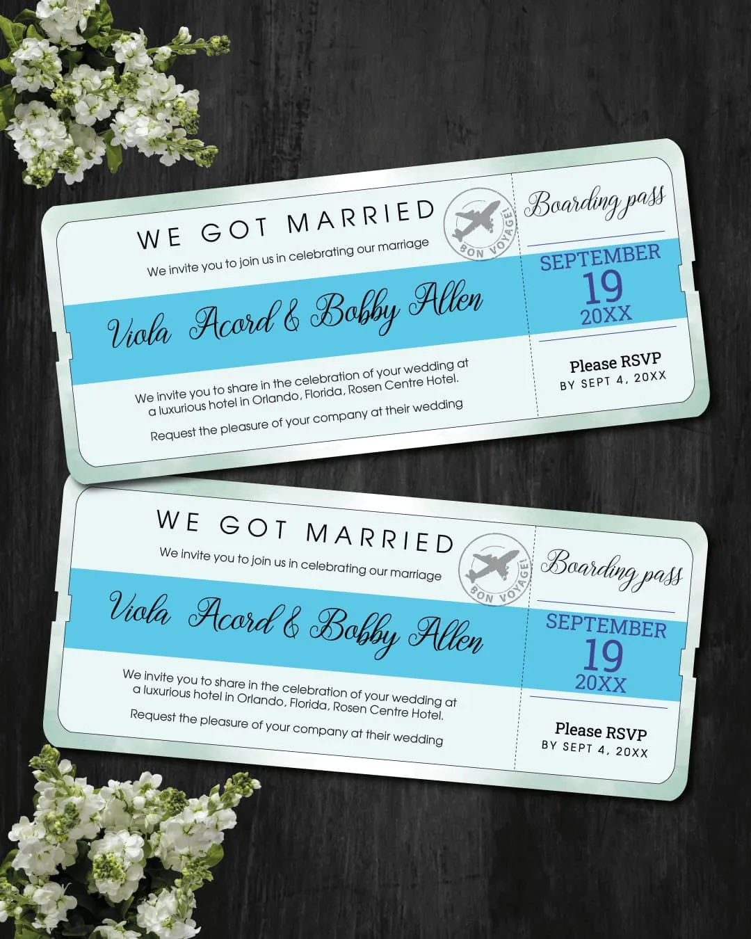 Blue Ticket with Gradient Boarding Pass Wedding Invitations AP Printing - Blue Ticket with Gradient Boarding Pass Wedding Invitations - Custom Printing Services