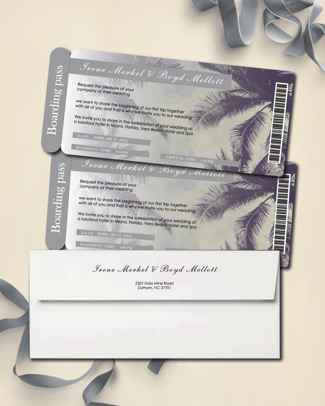 AP Printing - Winter Palm Tree Boarding Pass Wedding Invitations - Custom Printing Services