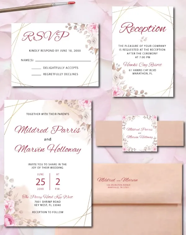 Inspirational Pink Flowers Simple Flat 5x7 Wedding Invitation AP Printing - Inspirational Pink Flowers Simple Flat 5x7 Wedding Invitation - Custom Printing Services