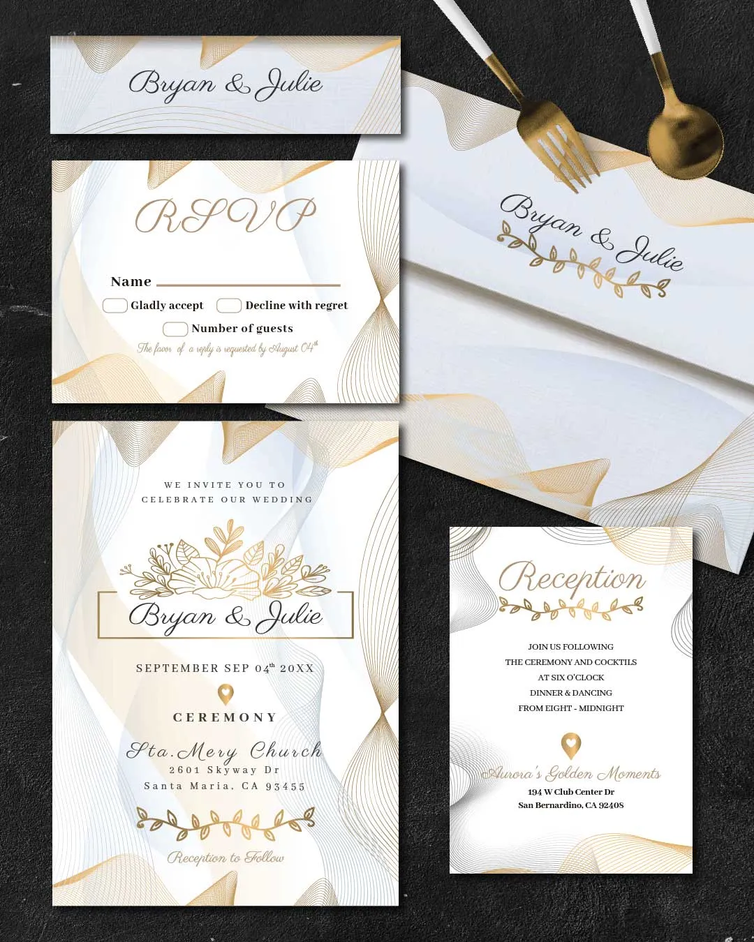 Abstract Golden Waves Simple Flat 5x7 Wedding Invitation AP Printing - Abstract Golden Waves Simple Flat 5x7 Wedding Invitation - Custom Printing Services