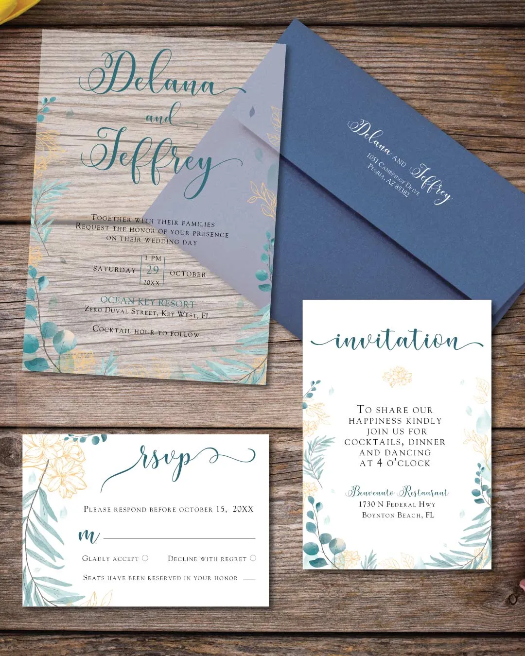 Blue Leaves And Branches Acrylic Wedding Invitation AP Printing - Blue Leaves And Branches Acrylic Wedding Invitation - Custom Printing Services