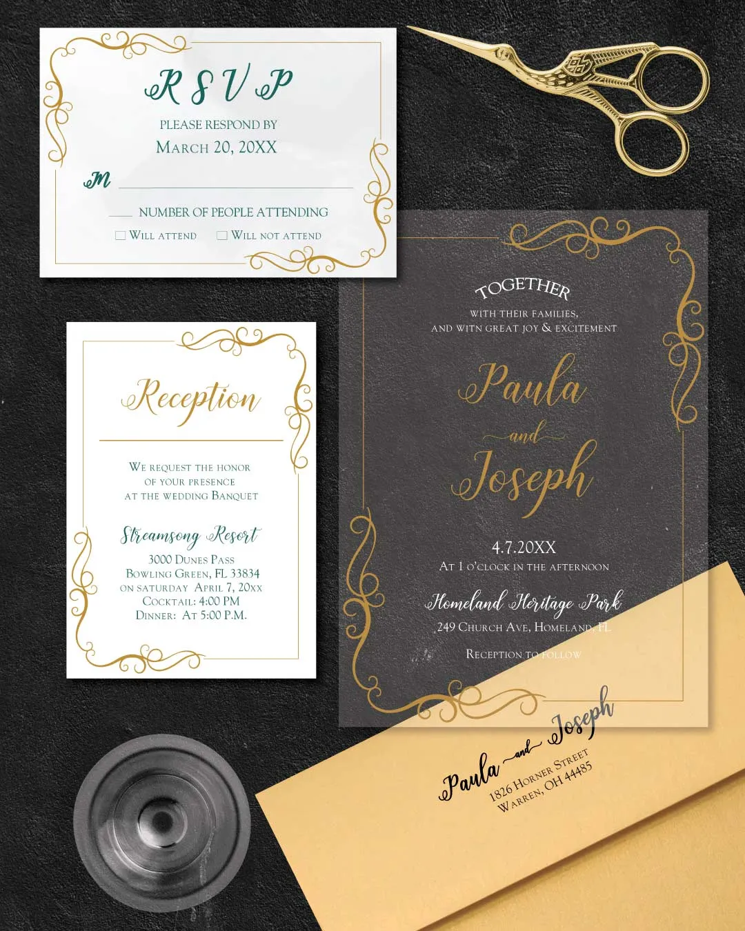 AP Printing - Decorative Golden Frame Acrylic Wedding Invitation - Custom Printing Services