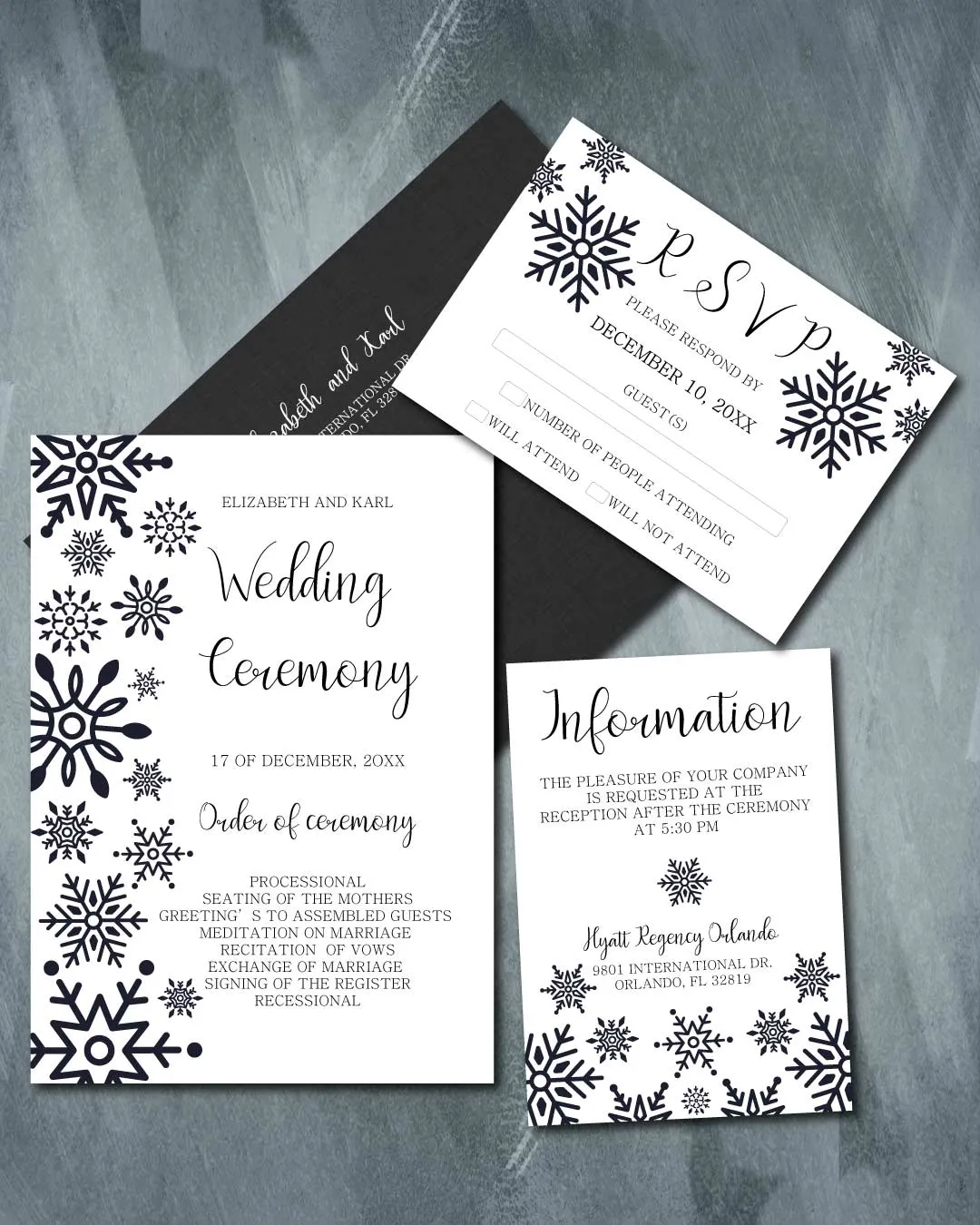 Black Snowflakes Simple Flat 5x7 Wedding Invitation AP Printing - Black Snowflakes Simple Flat 5x7 Wedding Invitation - Custom Printing Services