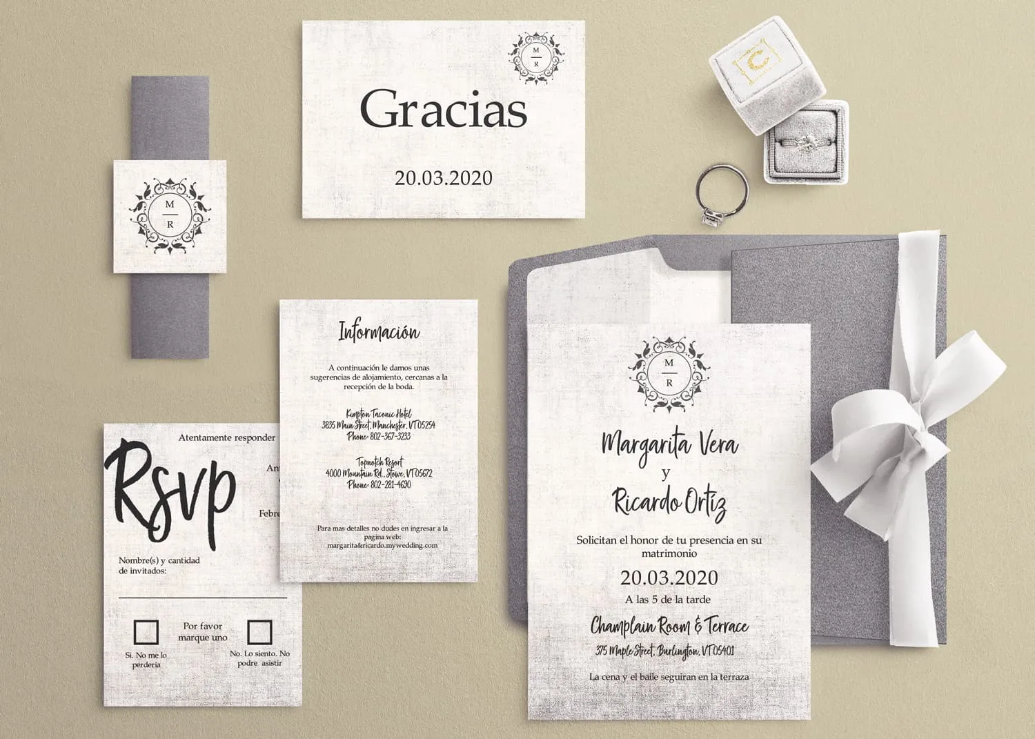 Rustic Silver Spanish & English Elegant Wedding Invitation AP Printing - Rustic Silver Spanish & English Elegant Wedding Invitation - Custom Printing Services