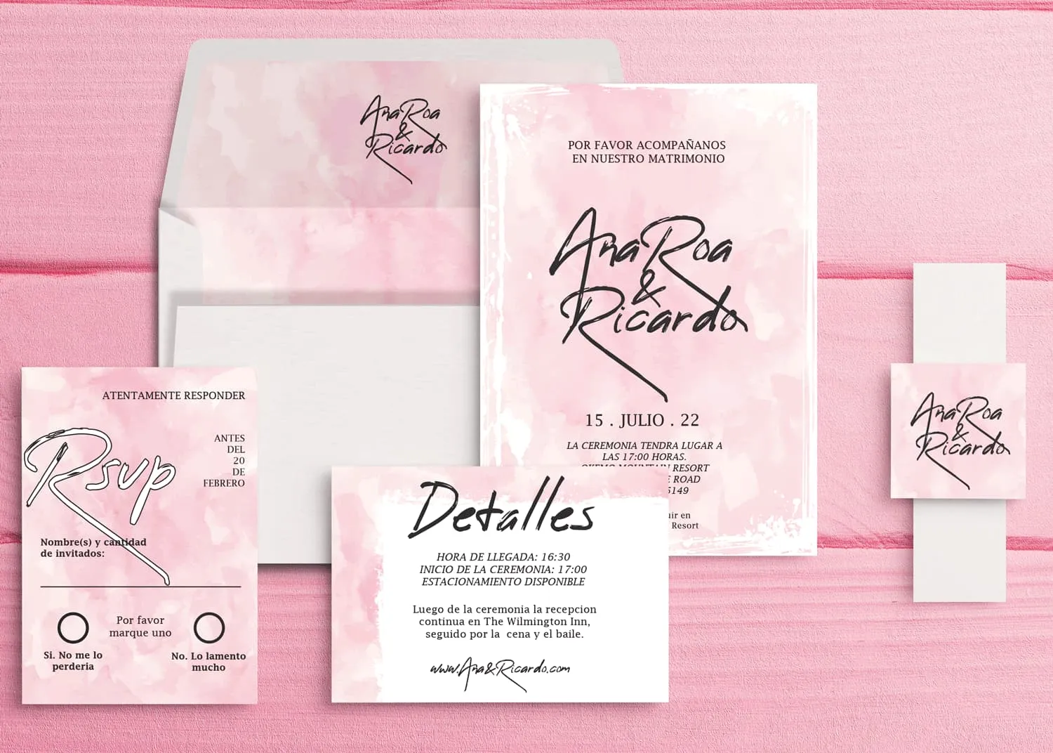 Blush Pink Strokes Spanish & English Elegant Wedding Invitation AP Printing - Blush Pink Strokes Spanish & English Elegant Wedding Invitation - Custom Printing Services