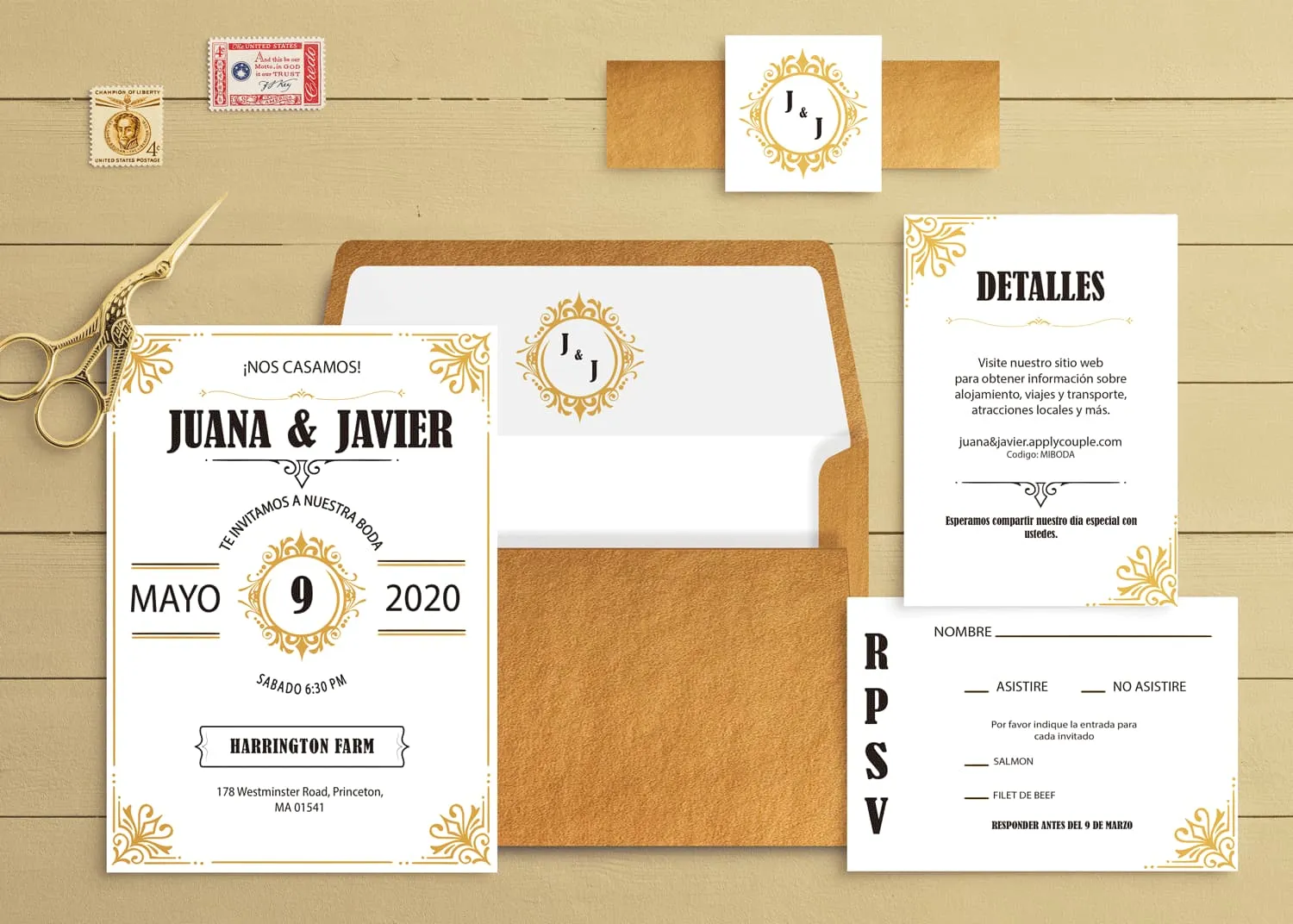 Classic Gold Spanish & English Elegant Wedding Invitation AP Printing - Classic Gold Spanish & English Elegant Wedding Invitation - Custom Printing Services