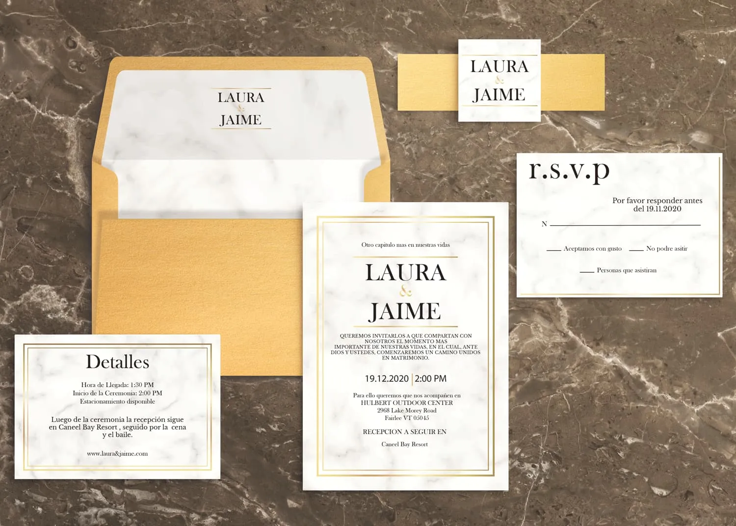 Marble with Double Gold Border Spanish & English Elegant Wedding Invitation AP Printing - Marble with Double Gold Border Spanish & English Elegant Wedding Invitation - Custom Printing Services