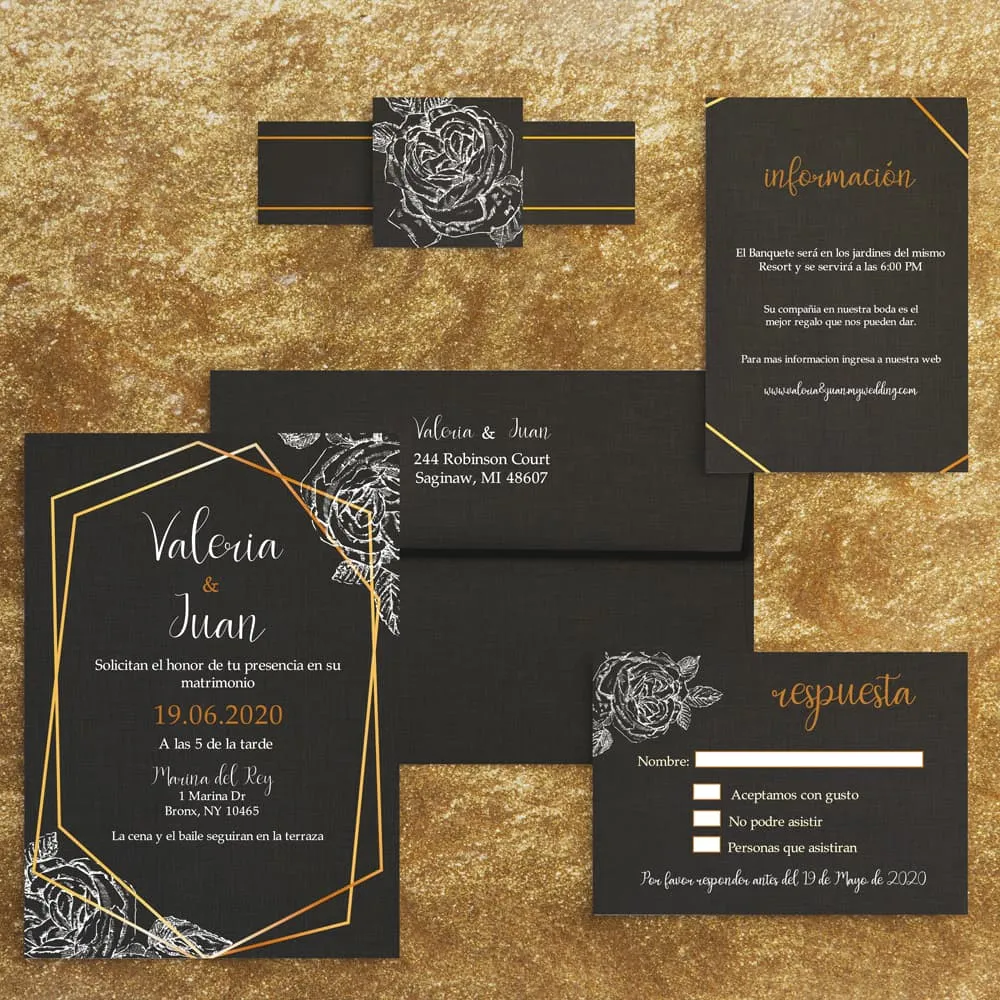 AP Printing - Gold Geometric and White Floral Spanish & English Elegant Wedding Invitation - Custom Printing Services