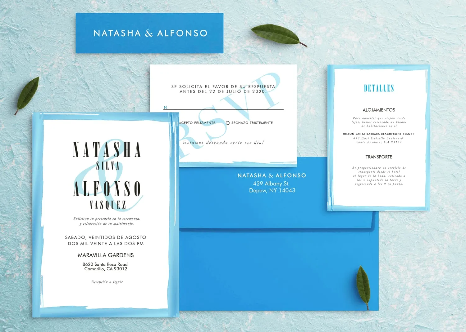 AP Printing - Painted Blue Border Spanish & English Elegant Wedding Invitation - Custom Printing Services